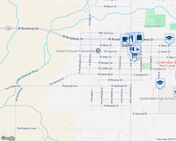 map of restaurants, bars, coffee shops, grocery stores, and more near 501 South Mill Avenue in Goldendale