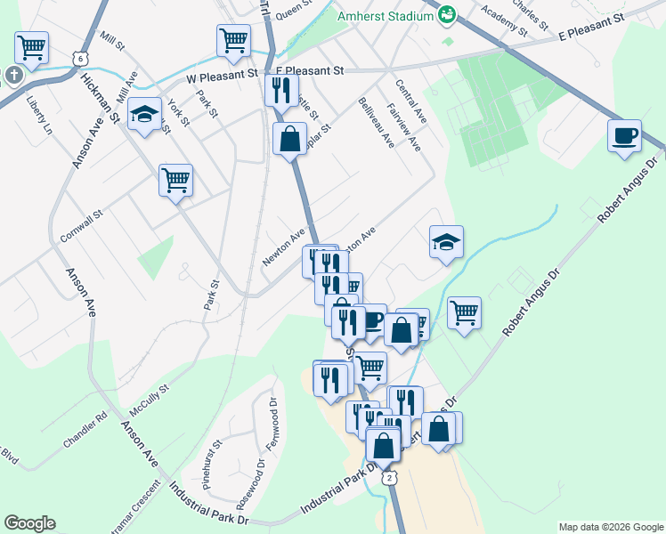 map of restaurants, bars, coffee shops, grocery stores, and more near 95 South Albion Street in Amherst