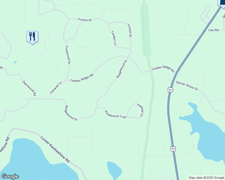 map of restaurants, bars, coffee shops, grocery stores, and more near 9950 Ridgewood Drive in Minocqua