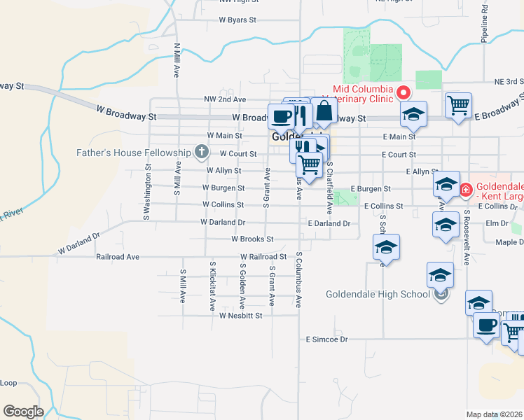 map of restaurants, bars, coffee shops, grocery stores, and more near 202 West Collins Street in Goldendale