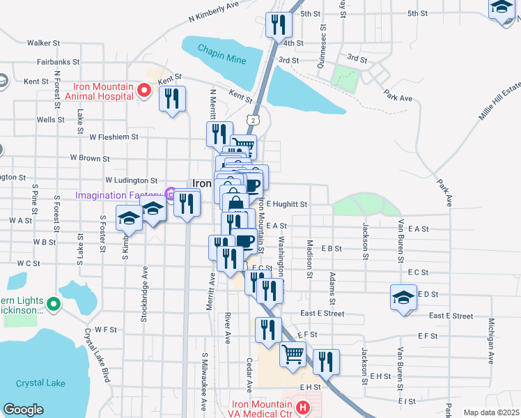 map of restaurants, bars, coffee shops, grocery stores, and more near 499 Iron Mountain St in Iron Mountain
