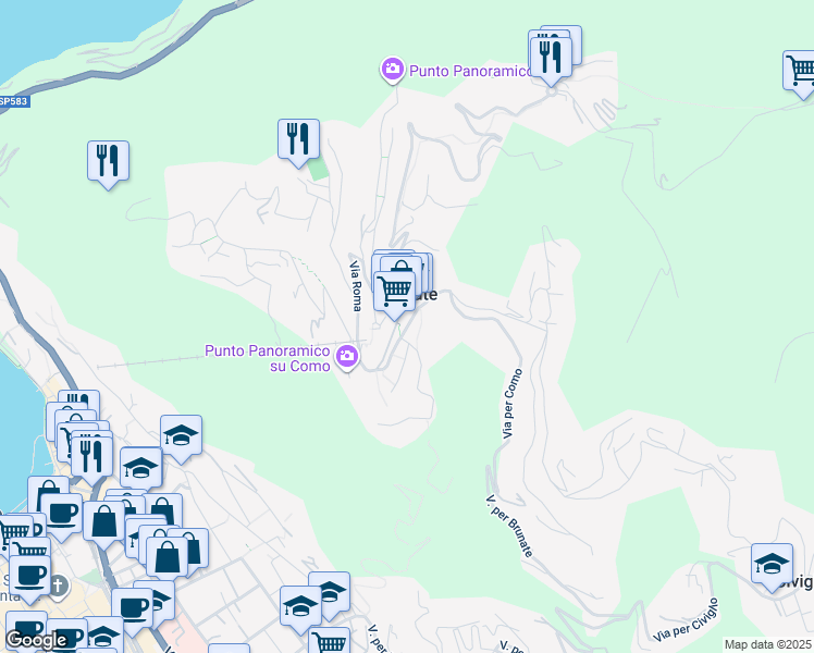 map of restaurants, bars, coffee shops, grocery stores, and more near 7 Via Sentierone per Como in Brunate