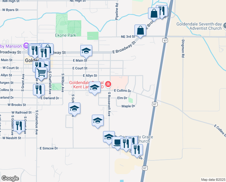 map of restaurants, bars, coffee shops, grocery stores, and more near 714 East Collins Street in Goldendale