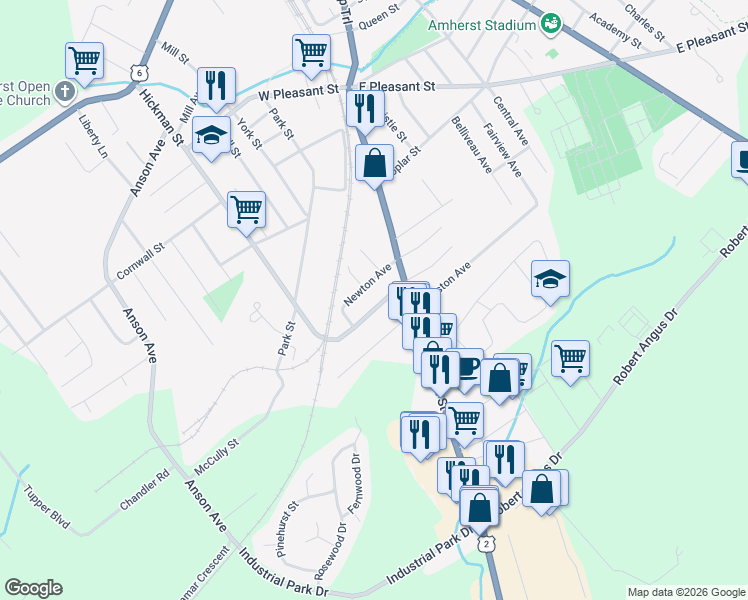 map of restaurants, bars, coffee shops, grocery stores, and more near 15 Chamberlain Street in Amherst