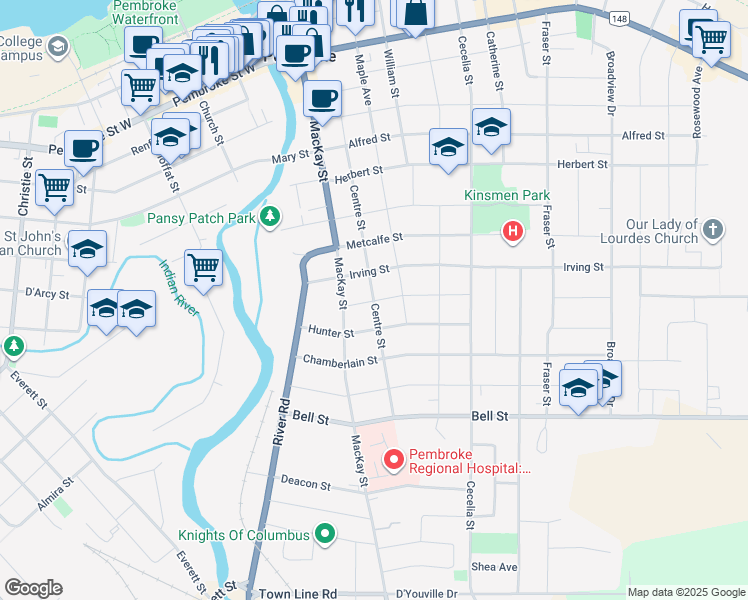 map of restaurants, bars, coffee shops, grocery stores, and more near Dunlop Street in Pembroke