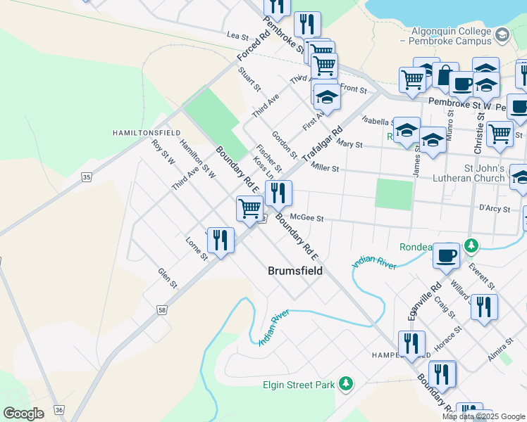 map of restaurants, bars, coffee shops, grocery stores, and more near 602 Boundary Road East in Pembroke