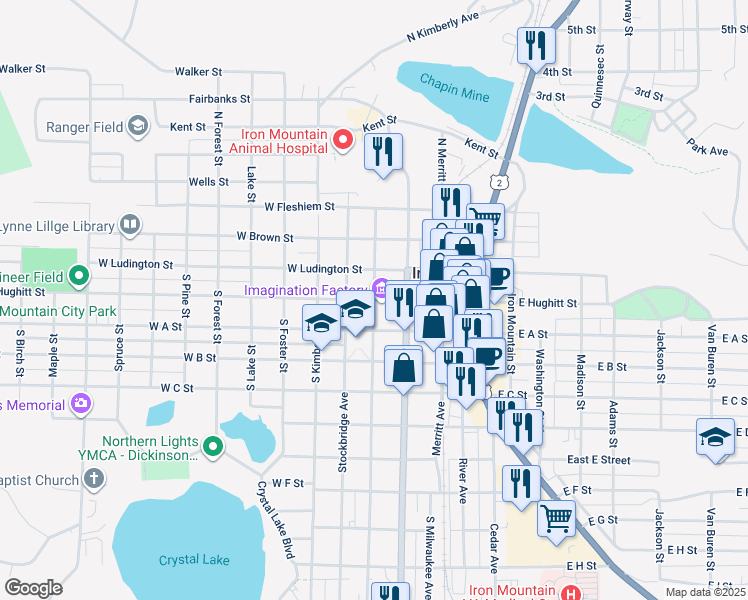 map of restaurants, bars, coffee shops, grocery stores, and more near 301 West Hughitt Street in Iron Mountain