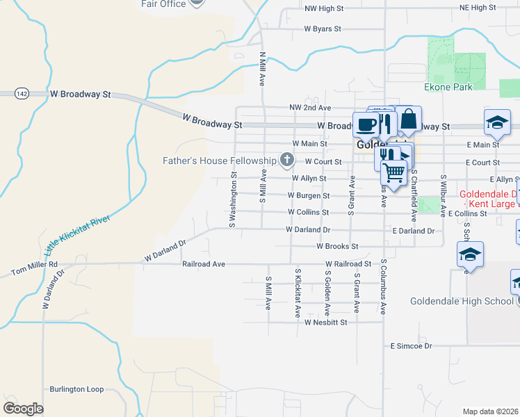 map of restaurants, bars, coffee shops, grocery stores, and more near 513 West Collins Street in Goldendale