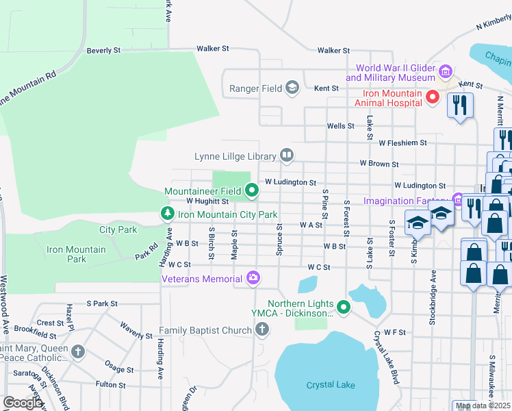 map of restaurants, bars, coffee shops, grocery stores, and more near 1200 West A Street in Iron Mountain