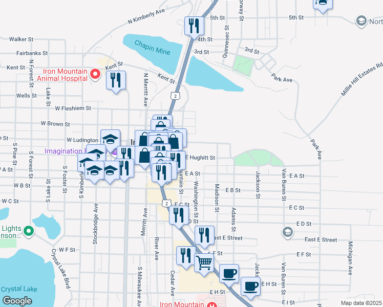 map of restaurants, bars, coffee shops, grocery stores, and more near 401-499 Iron Mountain St in Iron Mountain
