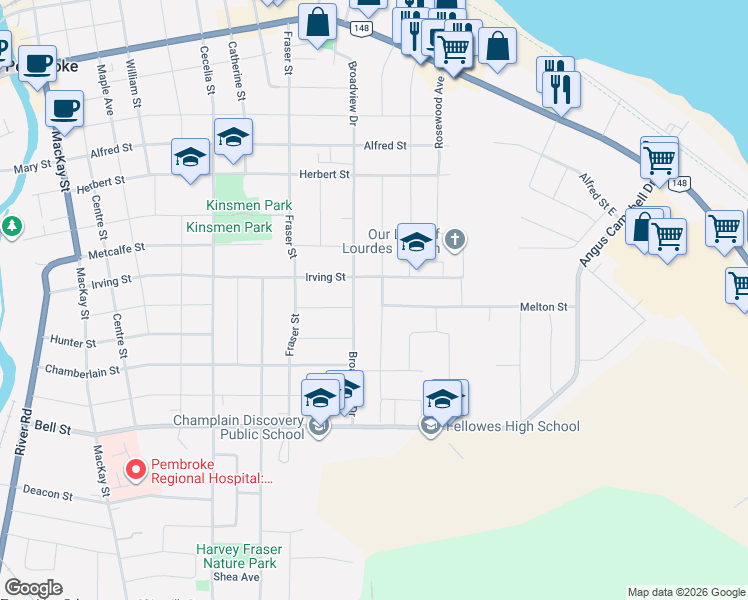 map of restaurants, bars, coffee shops, grocery stores, and more near 304 Patricia Avenue in Pembroke