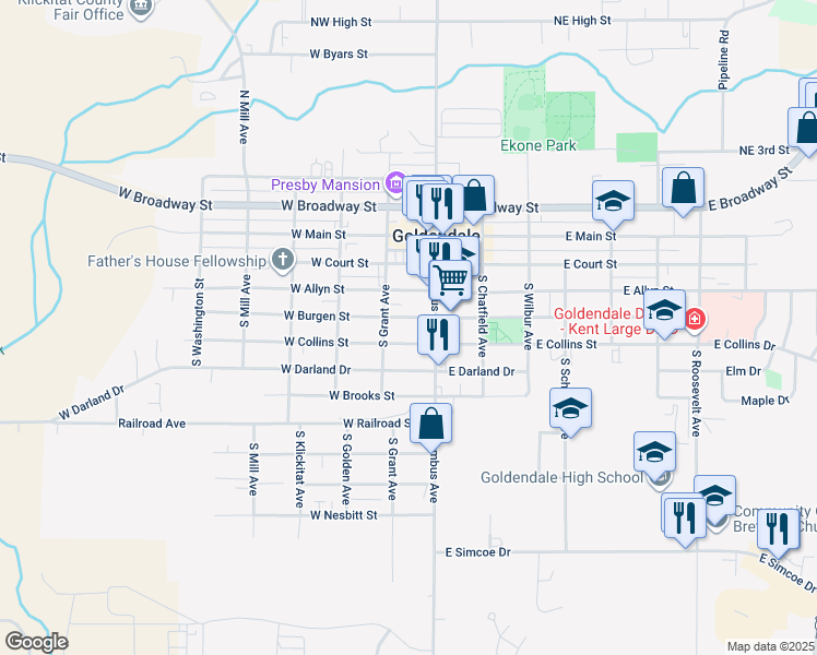 map of restaurants, bars, coffee shops, grocery stores, and more near 118 West Burgen Street in Goldendale
