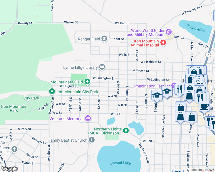 map of restaurants, bars, coffee shops, grocery stores, and more near 1100 West A Street in Iron Mountain