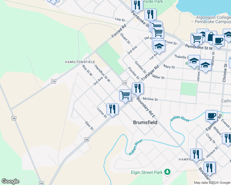 map of restaurants, bars, coffee shops, grocery stores, and more near 618 Hamilton Street in Pembroke