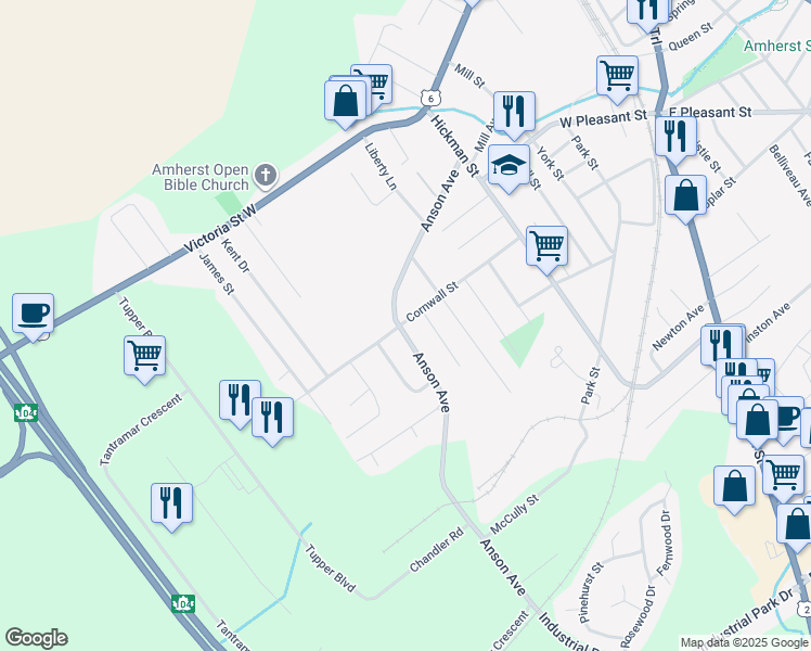 map of restaurants, bars, coffee shops, grocery stores, and more near 46 Cornwall Street in Amherst