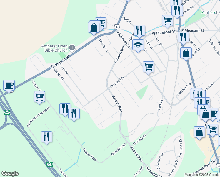 map of restaurants, bars, coffee shops, grocery stores, and more near 46 Cornwall Street in Amherst
