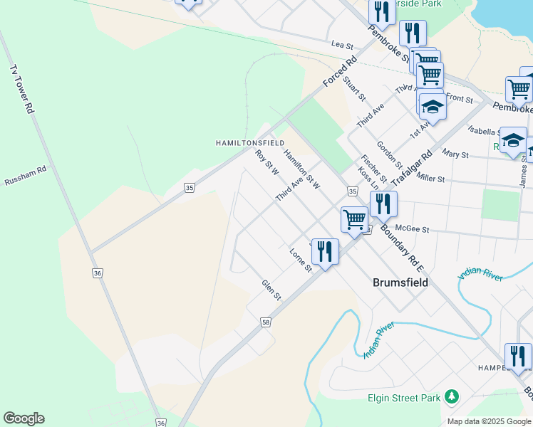 map of restaurants, bars, coffee shops, grocery stores, and more near 637 3rd Avenue in Pembroke