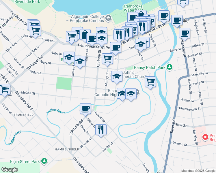map of restaurants, bars, coffee shops, grocery stores, and more near in Pembroke