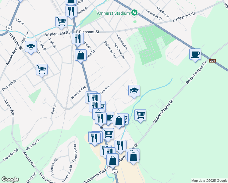 map of restaurants, bars, coffee shops, grocery stores, and more near 12 Costin Drive in Amherst