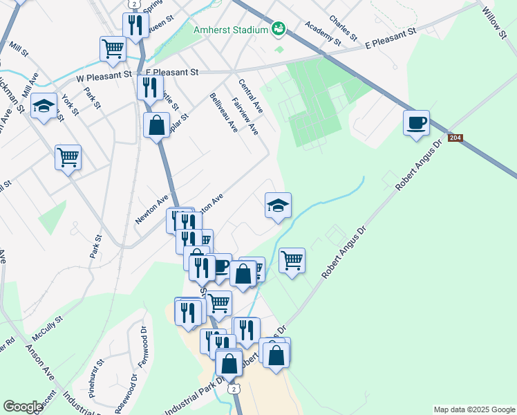 map of restaurants, bars, coffee shops, grocery stores, and more near 32 Lorne Crescent in Amherst
