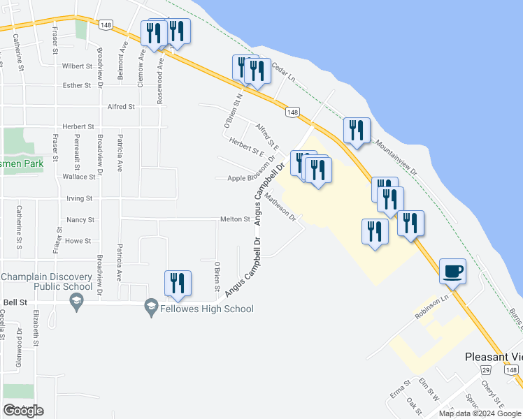 map of restaurants, bars, coffee shops, grocery stores, and more near 493 Angus Campbell Drive in Pembroke