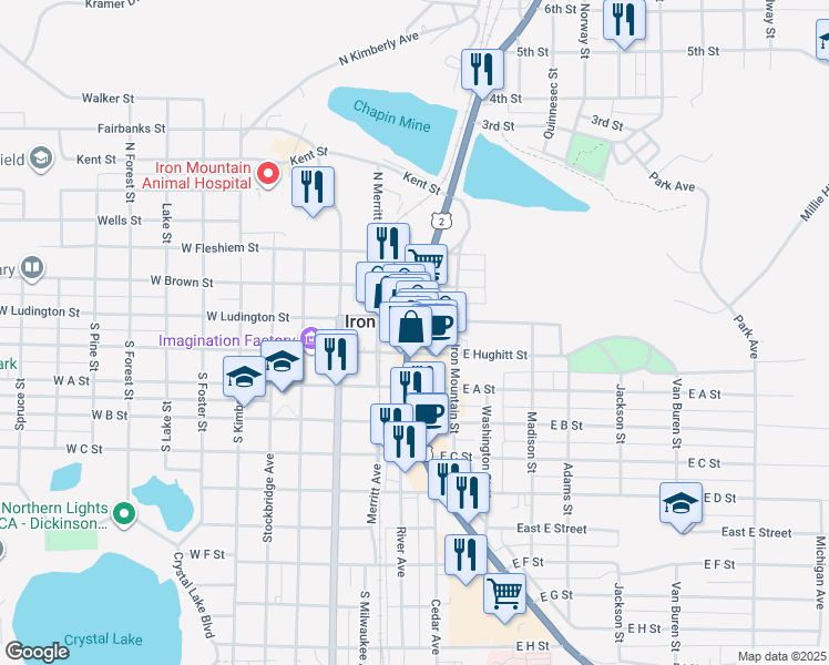 map of restaurants, bars, coffee shops, grocery stores, and more near 212 East Ludington Street in Iron Mountain
