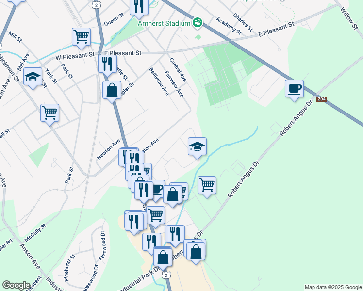 map of restaurants, bars, coffee shops, grocery stores, and more near 32 Lorne Crescent in Amherst