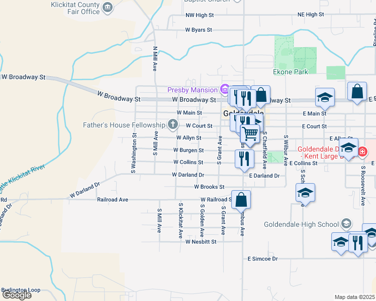 map of restaurants, bars, coffee shops, grocery stores, and more near 329 West Burgen Street in Goldendale