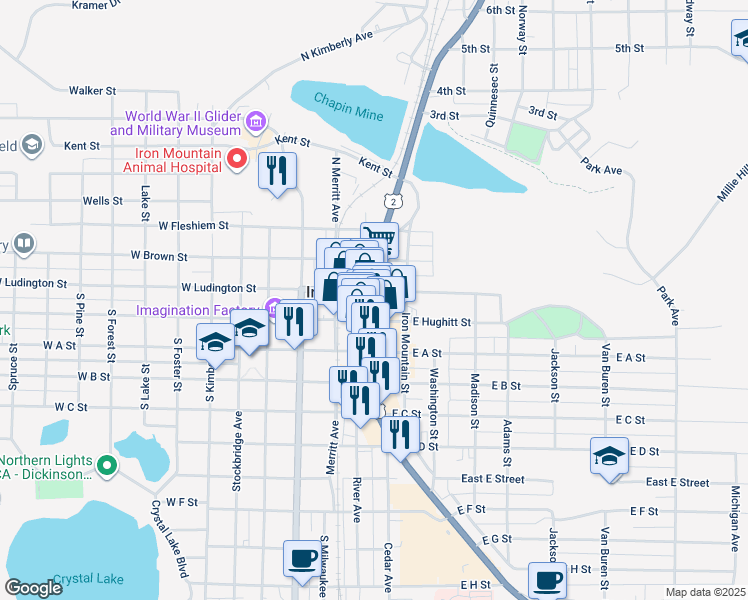 map of restaurants, bars, coffee shops, grocery stores, and more near 212 East Ludington Street in Iron Mountain