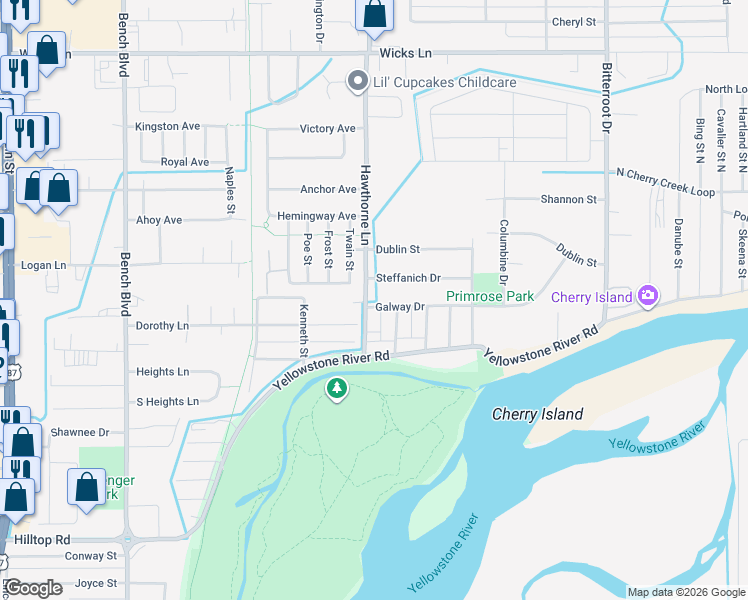 map of restaurants, bars, coffee shops, grocery stores, and more near 1201 Galway Drive in Billings