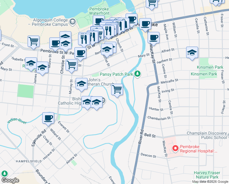 map of restaurants, bars, coffee shops, grocery stores, and more near Jane Street in Pembroke