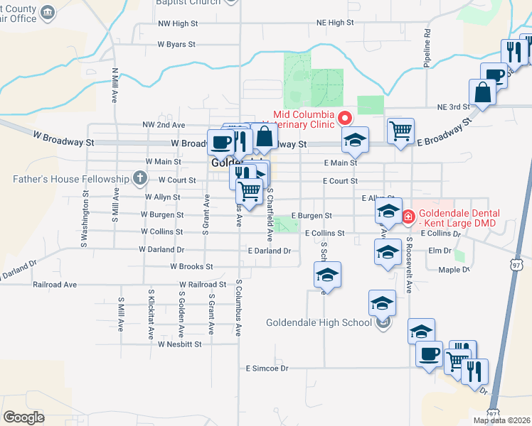 map of restaurants, bars, coffee shops, grocery stores, and more near 315 South Chatfield Avenue in Goldendale