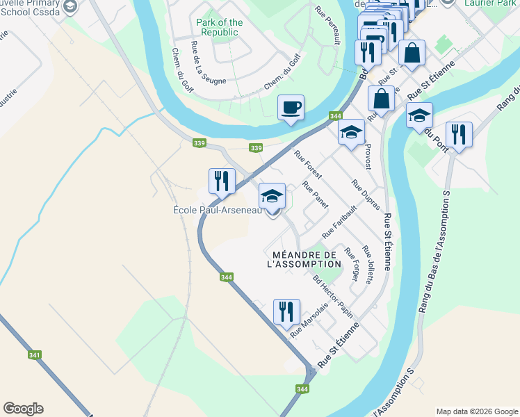 map of restaurants, bars, coffee shops, grocery stores, and more near 180 Boulevard Hector-Papin in L'Assomption