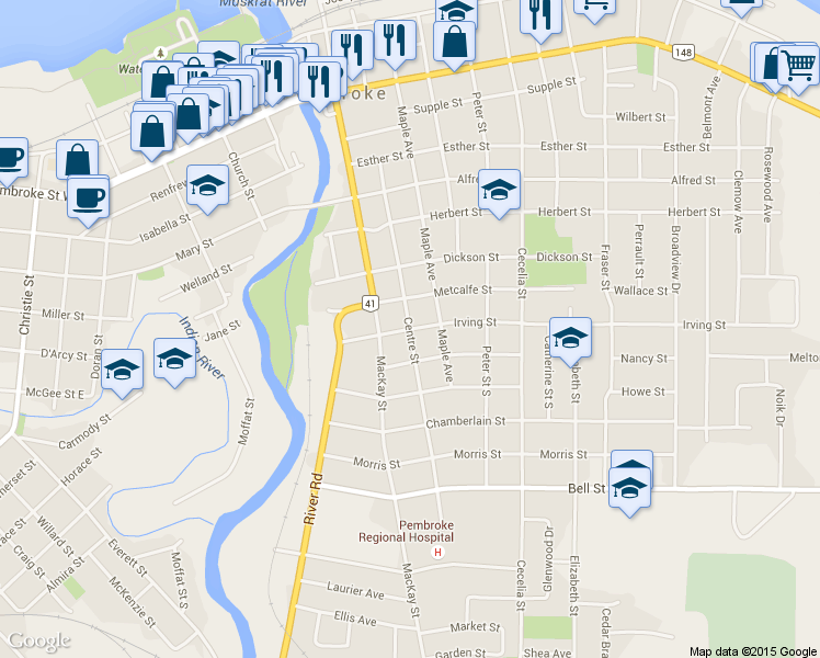 map of restaurants, bars, coffee shops, grocery stores, and more near Centre Street in Pembroke