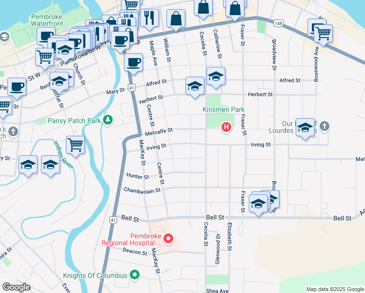 map of restaurants, bars, coffee shops, grocery stores, and more near 300 Irving Street in Pembroke