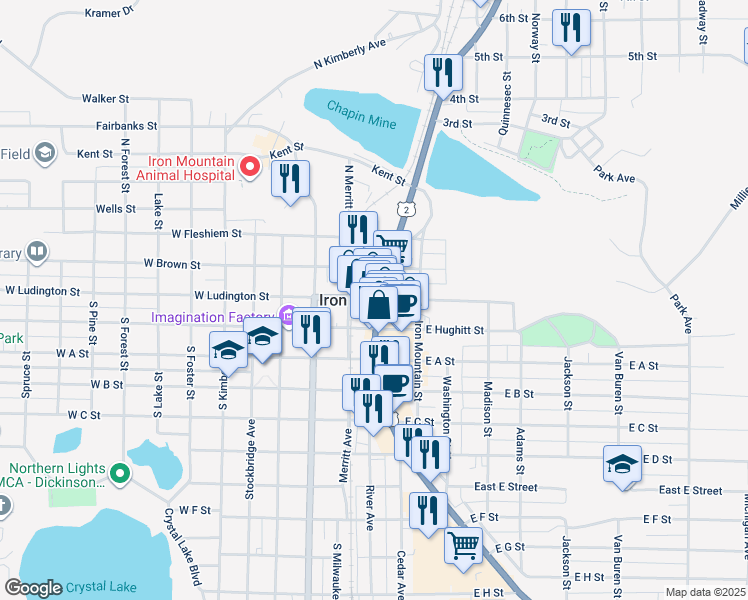 map of restaurants, bars, coffee shops, grocery stores, and more near 310 South Stephenson Avenue in Iron Mountain