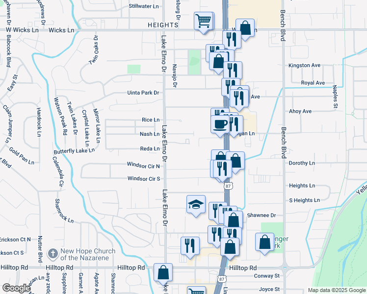map of restaurants, bars, coffee shops, grocery stores, and more near 1203 Lake Elmo Drive in Billings