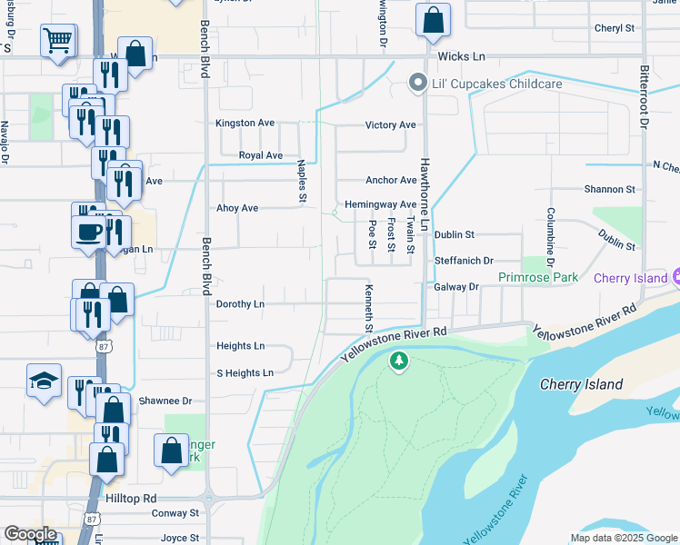map of restaurants, bars, coffee shops, grocery stores, and more near 1214 Cottonwood Boulevard in Billings