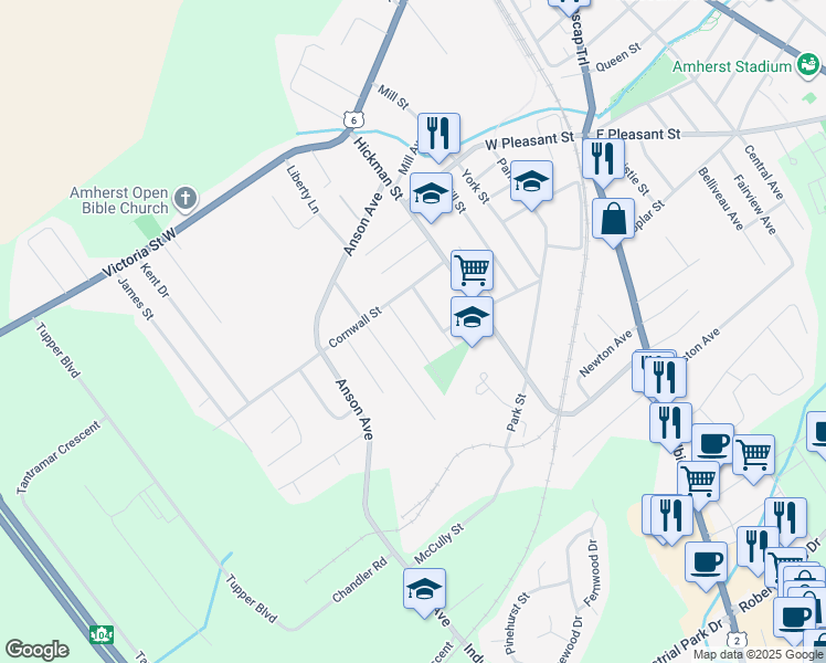 map of restaurants, bars, coffee shops, grocery stores, and more near 9 Victor Avenue in Amherst