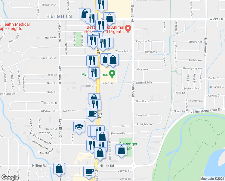 map of restaurants, bars, coffee shops, grocery stores, and more near 640 Logan Lane in Billings