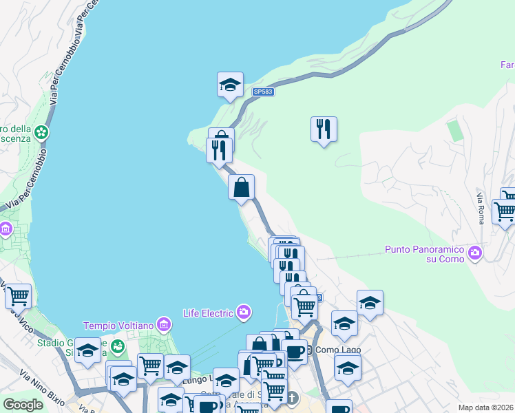 map of restaurants, bars, coffee shops, grocery stores, and more near 45 Via Torno in Como