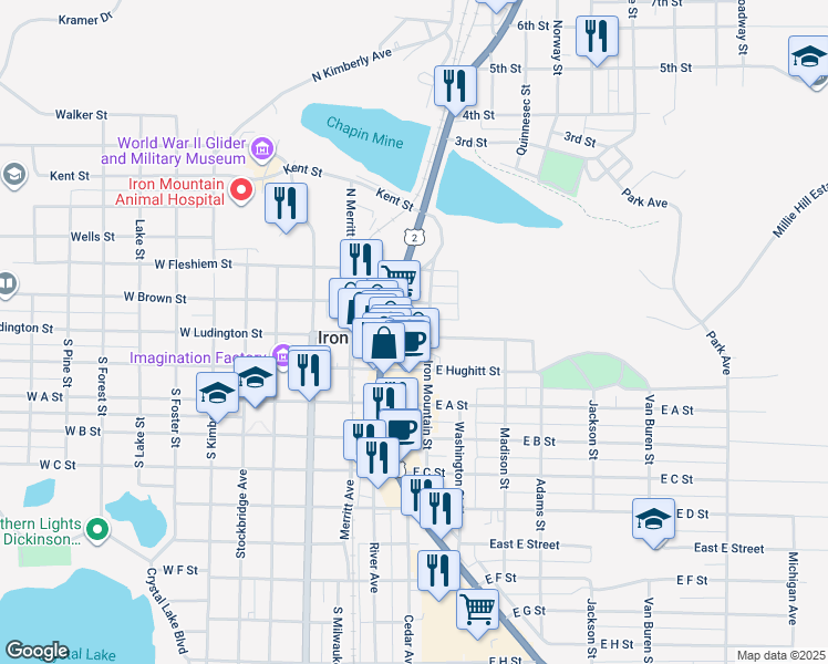 map of restaurants, bars, coffee shops, grocery stores, and more near 212 E Ludington St in Iron Mountain