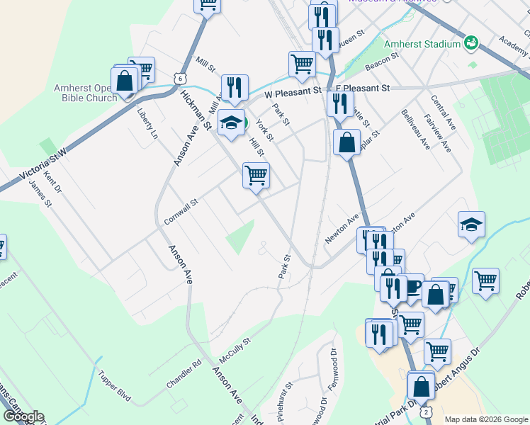 map of restaurants, bars, coffee shops, grocery stores, and more near 79 Hickman Street in Amherst