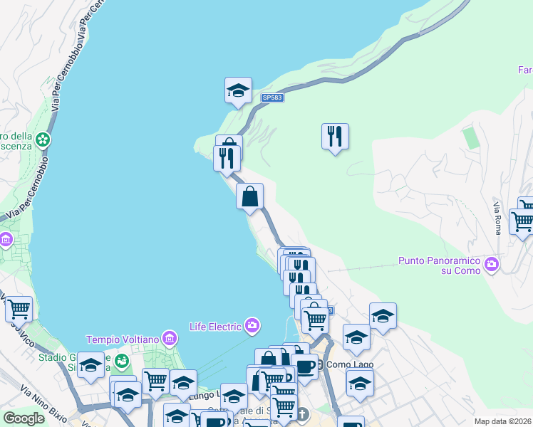 map of restaurants, bars, coffee shops, grocery stores, and more near 37-45 Via Torno in Como