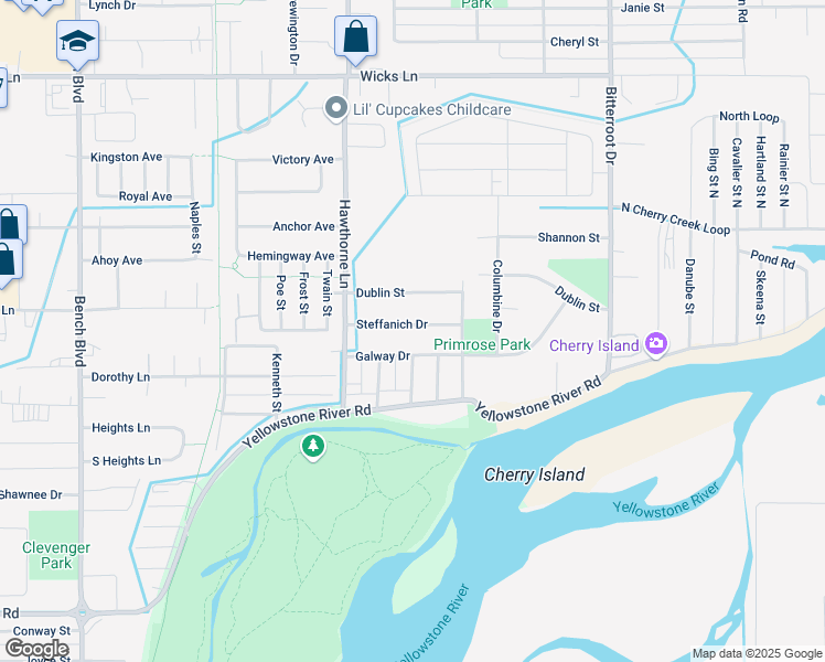 map of restaurants, bars, coffee shops, grocery stores, and more near 1302 Steffanich Drive in Billings