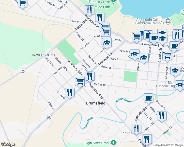 map of restaurants, bars, coffee shops, grocery stores, and more near 415 Trafalgar Road in Pembroke