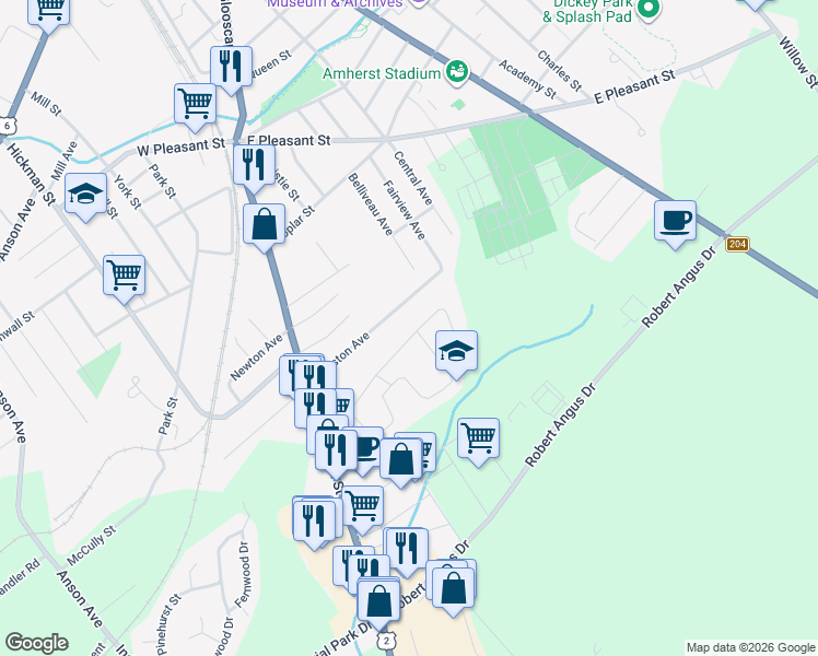 map of restaurants, bars, coffee shops, grocery stores, and more near 24 Costin Drive in Amherst