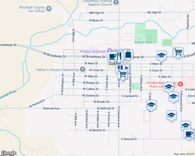 map of restaurants, bars, coffee shops, grocery stores, and more near 228 West Allyn Street in Goldendale