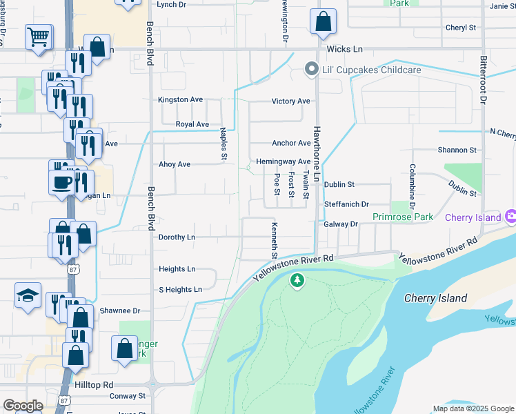 map of restaurants, bars, coffee shops, grocery stores, and more near 1214 Cottonwood Boulevard in Billings