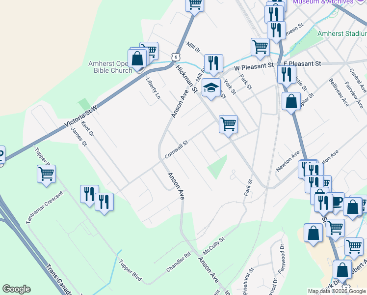 map of restaurants, bars, coffee shops, grocery stores, and more near 30 Cornwall Street in Amherst